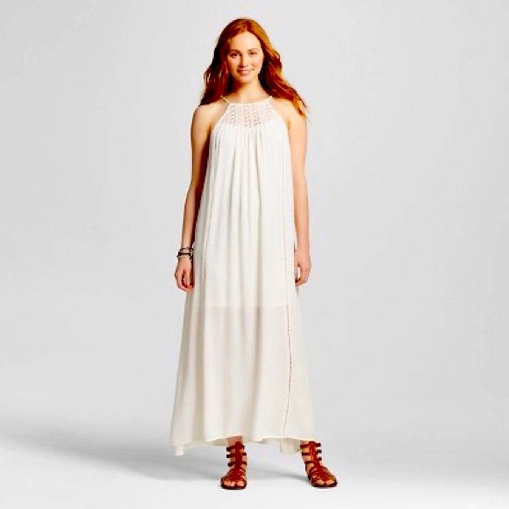 Vintage Xhilaration crochet lace yoke maxi dress ivory white boho long dress S